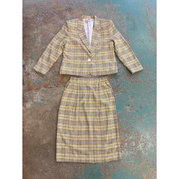 90s vintage yellow tartan plaid Clueless blazer pencil skirt matching suit set - Picture 8 of 9